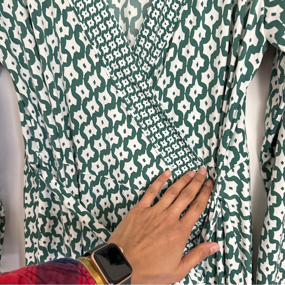 Banana Republic Green & White Geometric Print Wrap Around Jersey Dress sz XL - Picture 4 of 12